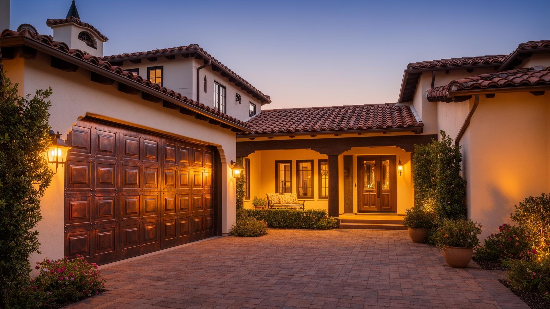 Luxury custom copper-clad garage door on California Spanish revival home at dusk